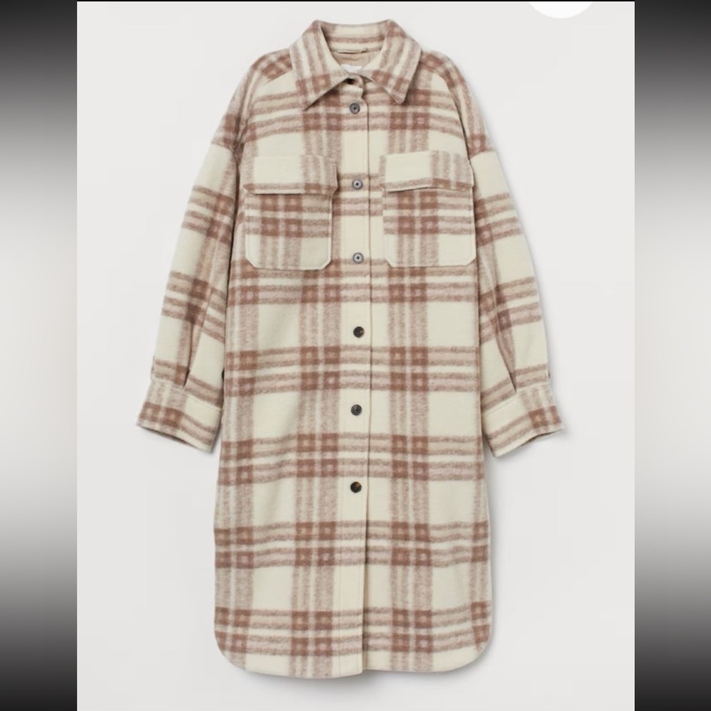 H&M Cream and Brown Plaid Long Shacket Coat